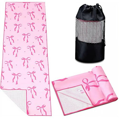 Breling Pink Bow Yoga Mat Towel with Grip Dot Preppy Coquette Bow Non Slip Ultra Absorbent Soft Microfiber Towel Without Hot Yoga Mat 72 x 24 Inch for Pilates Fitness Gym Women Birthday Gifts - color: Pink