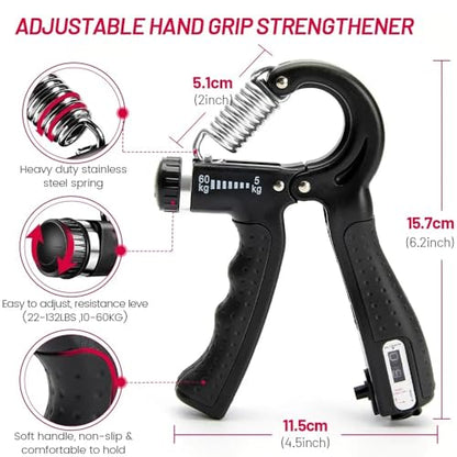 Adjustable Hand Grip Strength Strengthener Trainer Full Set with Counter Wrist Forearm and Hand Exerciser for Muscle