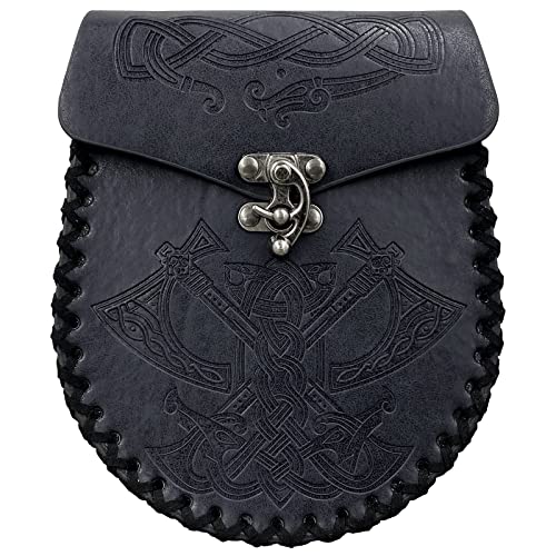 HiiFeuer Nordic Embossed Belt Bag, Retro Medieval Faux Leather Side Pocket, Portable Vintage Waist Bag for LARP Ren Faire - color: Axe Black