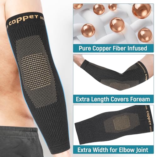 Copper Elbow Compression Sleeve - Tennis & Golfers Elbow Support Brace, Extends to Forearm for Complete Pain Relief, Wider Fit Hugs Joint, Medium - size: Medium