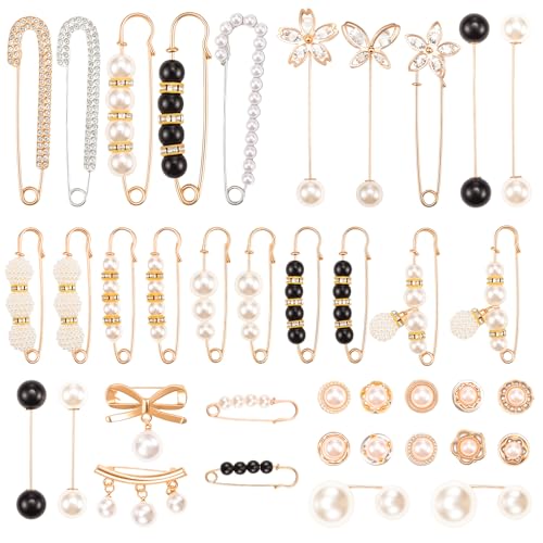 38 Pcs Pearl Crystal Brooch Safety Pins, Waist Tightener For Women