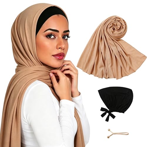 Hijab Scarf for Women, 3PCS Set with Undercap and Hijab Clip Lightweight Modal Muslim Head Wrap Scarf for Daily - color: Sy19-camel Hijab+black Undercap