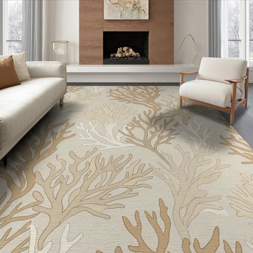 8'x10' Beige Beachy Ocean Coral Design Washable Area Rug | Rustic Marine Botanical Aesthetic for Living Room, Under Sectional, Family Room , Durable, Non-Slip - color: Beige/Pattern 26, size: 8' x 10' (Rectangular)