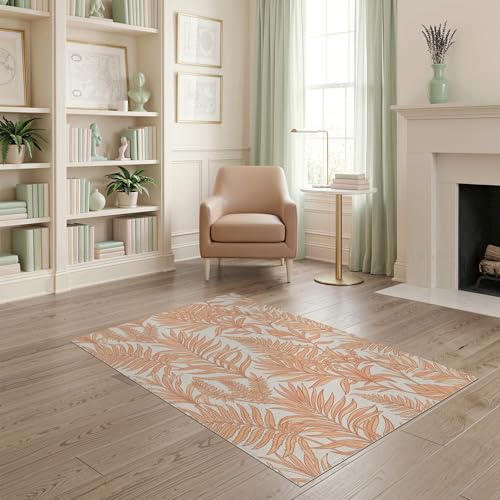4'x6' Washable Bohemian Leaf Accent Rug, Peach Non-Shedding Small Carpet Pet Friendly & Kids Safe Play Mat for Playroom, Bedroom, Reading Nook | Ref:1991830 - color: Beige/Pattern 23, size: 4' x 6' (Rectangular)