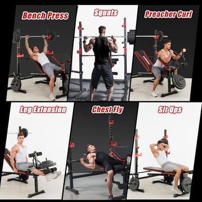 MAIDOMA Foldable 1500LBS Capacity 8 IN 1 Weight Bench Set with Leg Extension/Squat Rack/Preacher Curl, Adjustable Bench Press for Home Gym Full Body Workout (US Stock) - color: 블랙 레드.