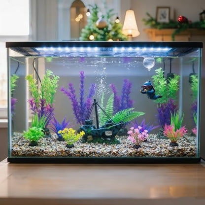 Ameliade Fish Tank Decor Set with Shipwreck Decoration, Little Diver Floating & 13 Aquatic Artificial Plants - Betta Plants & Hiding Spots for Aquariums and Small Fish Tank Accessories