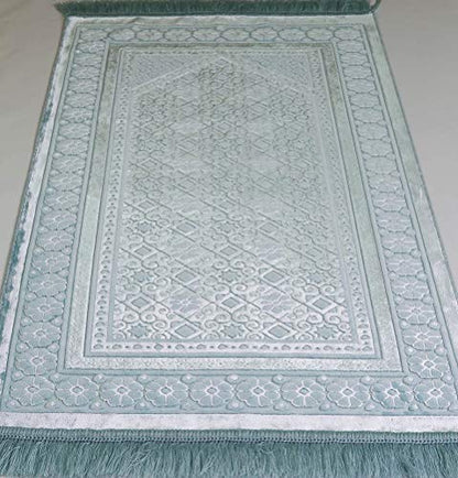 Modefa Velvet Prayer Rug - Soft Plush Turkish Janamaz Sajada Carpet for Men and Women - Plain Solid Prayer Mat Ramadan Eid Gift - with Prayer Beads - Luxury Floral Stamp (Light Blue) - color: Light Blue