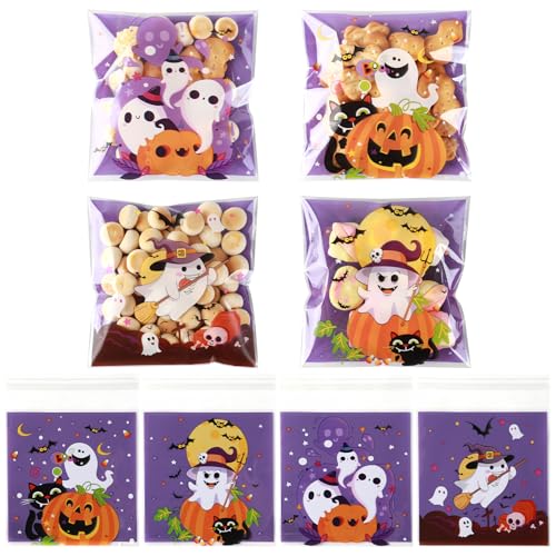 Halloween Treat Bags, 100 PCS Self-Adhesive Halloween Candy Bags, Plastic Small Self Sealing Cookie Snacks Goodie Gift Ziplock Bag Bulk for Kids Trick or Treating for Halloweens Party Favors Supplies - color: Purple Halloween, size: 1 Count (Pack of 100)