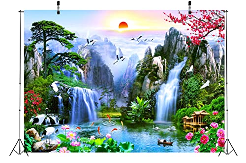 BELECO 20x10ft Fabric Fairyland Mountain Lake Photography Backdrop Waterfalls Swans Fish Flowers Dreamy Natural Landscape Painting Background Wall Murals Home Decor Kids Adults Portrait Photoshoot - size: 20x10FT
