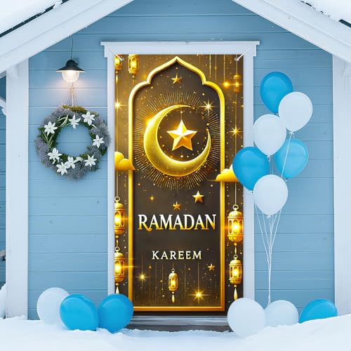 IVN Ramadan Kareem Crescent Star Door Cover 71 x 35 Inches Gray and Gold Front Door Banner Islamic Lantern Holiday Backdrop Indoor And Outdoor Religious Holiday Decor - color: Ramadan Kareem Gold Lanterns
