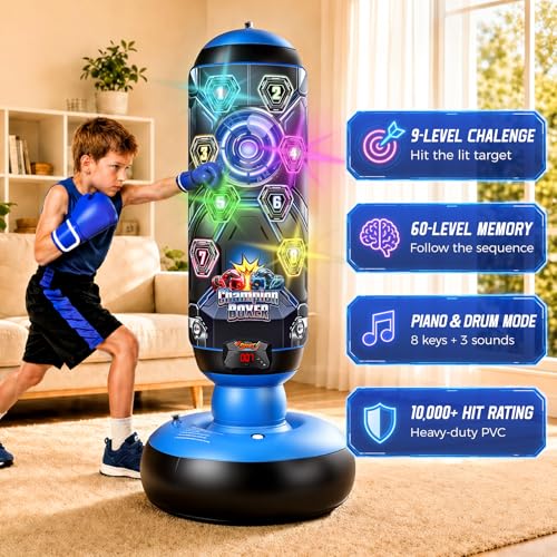 Punching Bag for Kids, 51-Inch Freestanding Inflatable Boxing Bag with Gloves & Pump, LED Lights, Music, Electronic Scoring and 4 Game Modes, Kids Boxing Set for Boys Girls Ages 4-12