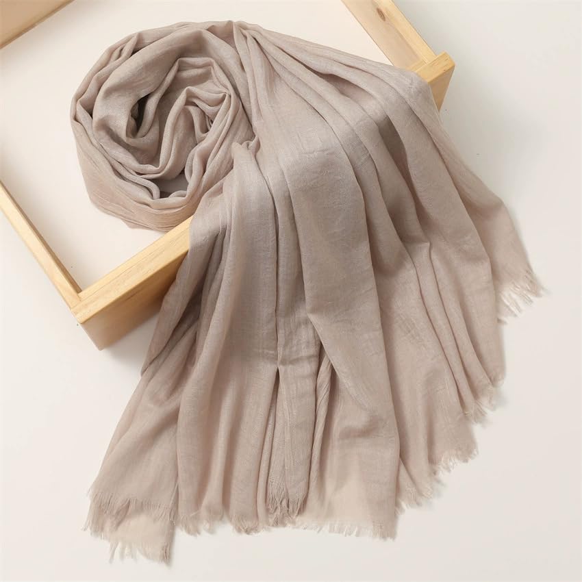 Solid color cotton and linen scarf, wrinkled all season versatile long sunscreen fashionable shawl - color: Khaki
