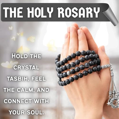 Amazing Gemstone Lava Stone Tasbeeh with Moon and Star Charm - Certified Crystal Muslim Prayer Beads Natural Gemstone Tasbih Gift for Ramadan Dhikr and Daily Namaz (S) - color: Lava Stone