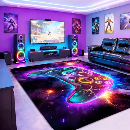 8x10 ft Neon Gaming Area Rug for Boys Room, Colorful Game Controller Carpet for Gamer Room Decor, Low Pile Non-Slip Video Game Rug for Teens Playroom or Game Zone - 03 - size: 8x10