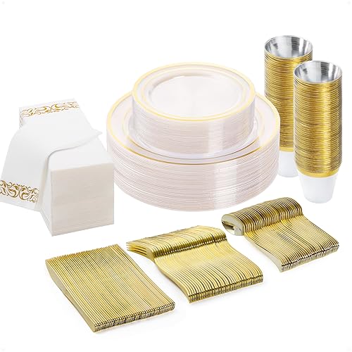 BESTVIP 175 PCS Clear Gold Plastic Plates and Silverware Set Disposable - color: Clear Gold, size: 25 Guests