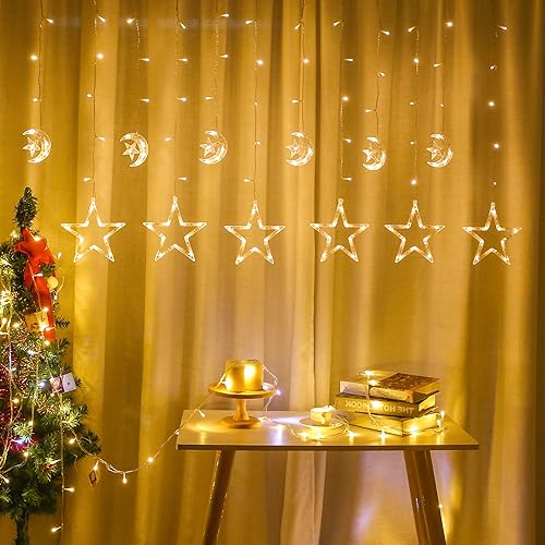 LED Moon Star Curtain String Lights, 138 LED USB Powered Fairy Hanging Lights with 8 Lighting Modes 6-Hour Timer Waterproof for Bedroom Wall Window Christmas Decoration (Star) - style: Star