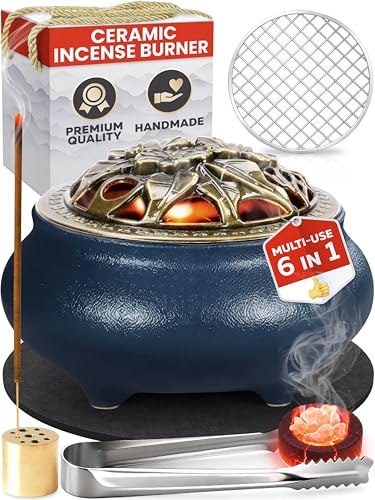 Frankincense Resin Incense Burner Set and Censer with Ash Catcher – Incense Holder for Charcoal, Sticks & Cones | Heat-Resistant Metal Design for Home, Meditation, Yoga - color: Burner Blue
