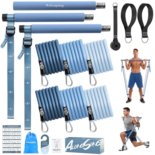 Upgraded Pilates Bar Kit with Resistance Bands Natural Latex for Women & Men, Heavy-Duty Stainless Steel Multifunctional Yoga Pilates Stick for Home Gym Exercise Fitness Equipment Full-Body Workouts - color: Muted Blue
