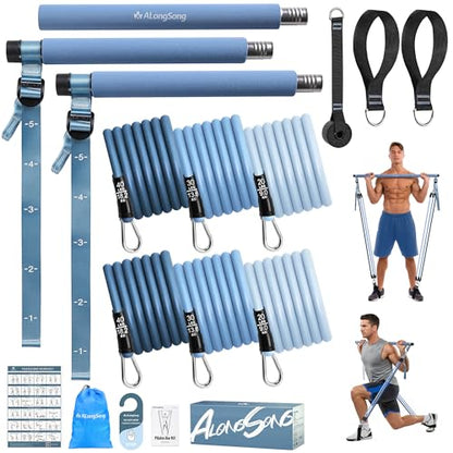 Upgraded Pilates Bar Kit with Resistance Bands Natural Latex for Women & Men, Heavy-Duty Stainless Steel Multifunctional Yoga Pilates Stick for Home Gym Exercise Fitness Equipment Full-Body Workouts - color: Muted Blue