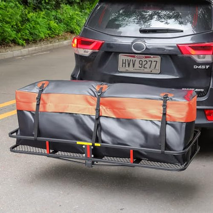WEIZE Folding Hitch Mount Cargo Carrier Basket 60" x 20" x 6" with Waterproof Bag, Net, Strap, 2-Inch Folding Shank, 500 lbs Capacity Hitch Rack, Steel Construction - size: 60" x 20" x 6"