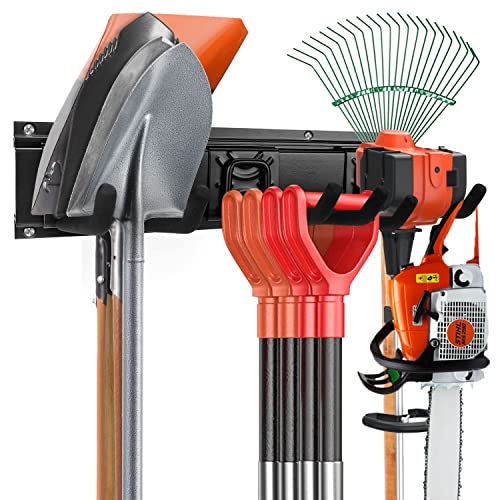 Garden Tool Rack Set, Garage Wall Organization Hanger with 3 Mop Holder and 6 Multi-Purpose Hooks, Garden Yard Shovels Rakes for String Hedge Trimmer Brooms Hoses Folding Chairs ladders, and More - size: 51 in rack with 9 hooks