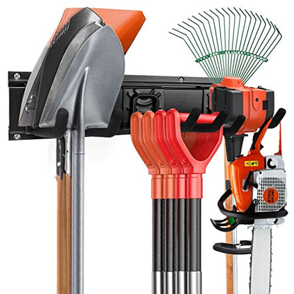 Garden Tool Rack Set, Garage Wall Organization Hanger with 3 Mop Holder and 6 Multi-Purpose Hooks, Garden Yard Shovels Rakes for String Hedge Trimmer Brooms Hoses Folding Chairs ladders, and More - size: 51 in rack with 9 hooks