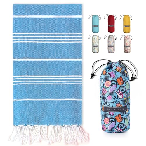 BAY LAUREL Turkish Beach Towel with Travel Bag 39 x 71 Quick Dry Sand Free Lightweight Large Oversized Towels Light - color: Blue With Mix Blue