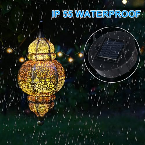 Hanging Solar Lights, Outdoor Decor Solar Lantern, Waterproof Metal Moroccan Lantern for Outside Patio Pathway Yard Front Porch Backyard Garden Decorative (1 Pack)
