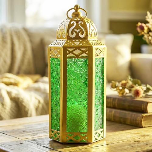 Vela Lanterns Decorative Indoor Moroccan Candle Holder, Gold Green, M | Ramadan Decorations for Home, Green Candle Lantern, Diwali Eid Table Centerpiece, Hanging Tealight Votive Pillar, 10.5in - color: Gold/Green, size: Medium
