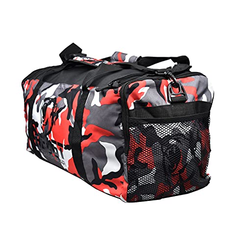 Gym Duffle Bag- Workout, Boxing, MMA, Sports Bag with Shoes Compartment and Adjustable Shoulder Strap for Men and Women (Red Camo) - color: Red Camo