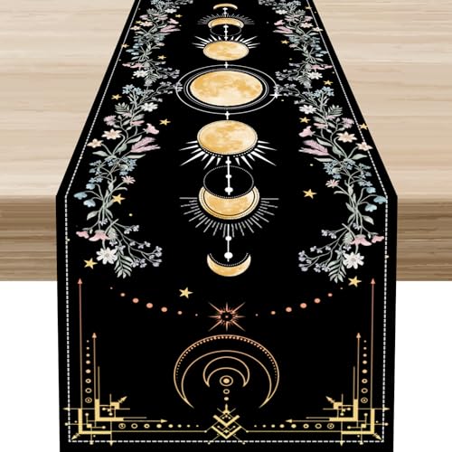 Mystical Floral Moon Table Runner, Vintage Spring Flower Moon Phase Mystical Gothic Black Decor for Family Kitchen Farmhouse Holiday Party Table Decorations Indoor Outdoor 13x36 inch - color: Fmoon-4, size: 13x36" Table Runner