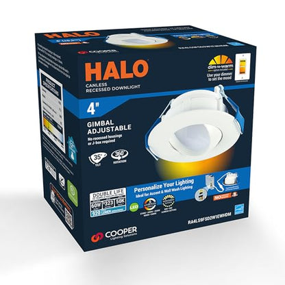 HALO RA 4 in Canless LED Recessed Downlight with Adjustable Gimbal, Selectable Lumens and Selectable Color Temperatures, Dim-to-Warm Technology, Damp Location Rated - RA4LS9FSD2W1EWHDM - size: 4 in