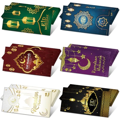 24Pcs Eid Mubarak Money Envelopes for Cash Ramadan Gifts Cards Holders Eid Holiday Pocket Envelope for Money Islamic Muslim Mubarak Cards, 6 Colors