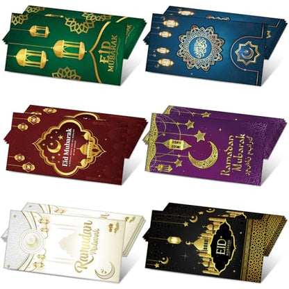 24Pcs Eid Mubarak Money Envelopes for Cash Ramadan Gifts Cards Holders Eid Holiday Pocket Envelope for Money Islamic Muslim Mubarak Cards, 6 Colors