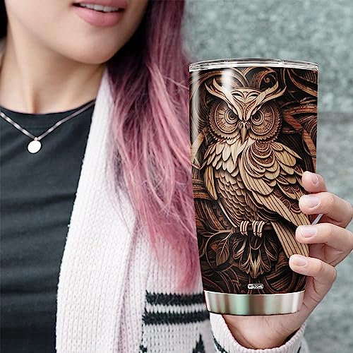 WAZONE Personalized Owl Tumbler Insulated Cup With Lid Wooden Drawings 20oz 30oz Stainless Steel Coffee Travel Mug Custom Name Customized Gifts Themed Animal For Men Women Teen Owls Lover - color: Owl