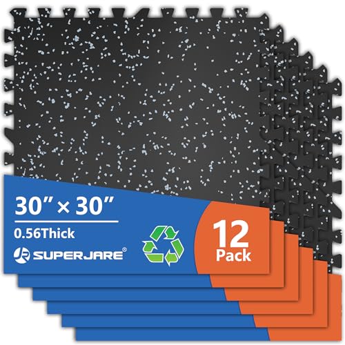 SUPERJARE 30" x 30" Larger Rubber Top Exercise Equipment Mats, 0.56" Thick 12PCS 75 Sq Ft High-Density EVA Foam Interlocking Gym Flooring, Big Workout Mat for Home Gym, Floor Protection, Black/Grey - size: 12 Tiles (75 Sq Ft)