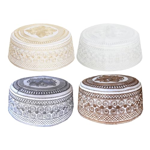 SIQITECHNO Men Muslim Prayer Kufi Hat Embroidered Kofia Topi Islam Kufi Hat Arab Hajj Mosque Prayer Headwear Ramadan Eid - color: Style A, 4pcs