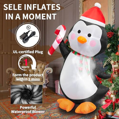 5FT Christmas Inflatables Outdoor Decorations Penguin Holding Candy Cane Blow Up Cute Christmas Decor Built-in LED Lights for Xmas Yard Outside Indoor Party Lawn Garden Porch Holiday - style: 5FT Penguin with Candy Cane