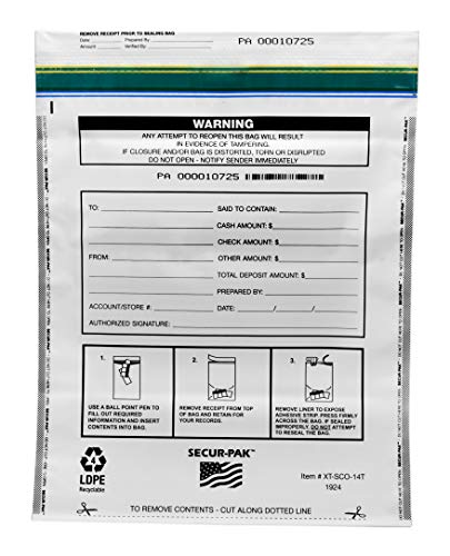 Secur-Pak Deposit Bags - Pack of 100 - Bill Capacity, 12,000 - Premium, Level 4 Security Tamper Evident, White Security Bags - Self Sealing, Opaque 2.5 Mil Plastic - 20" x 20" - SECUR-PAK - color: White, size: 20x20 (12000 cap)