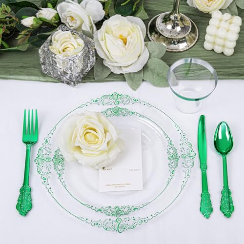 Hioasis 175pcs Clear and Green Plates - Green Party Plates for 25 Guest, Include 50 Heavy-duty Plates(20% Thicker Than Standard), 25 Pre Rolled Gold Plastic Silverware Set, 25 Cups - color: Clear and Green