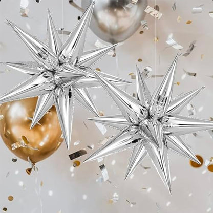 Silver Star Foil Balloons Kit with 6 Pack 12 Point Star Balloons Starburst Cone Balloons Spike Balloons and 10Pcs Four Pointed Star Balloos for Wedding Baby Shower Photo Booth Birthday Party Supplies - style: Silver Star Explosion Balloons