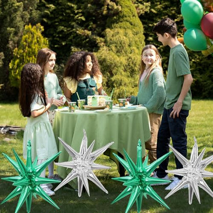 6 Pcs Silver Star Foil Balloons One-Piece 14-Pointed Star Balloon 4D Starburst Cone Mylar Balloon 22inch Christmas Birthday Wedding Wedding Anniversary Party Supplies (Silver + Green) - color: 22 Inches Silver + Green