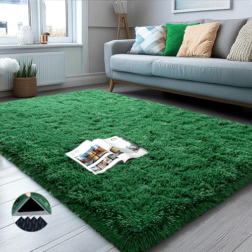 3x5 Dark Green Fluffy Shaggy Area Rug, Soft Small Carpet for Living Room - color: Dark Green, size: 3' x 5' (Rectangular)