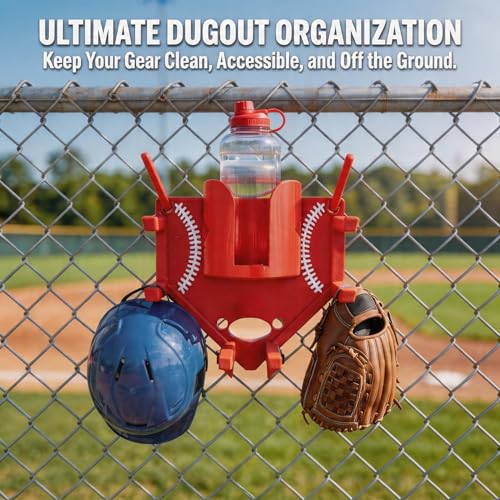 Baseball Softball Dugout Organizer - Fence-Mounted Hanging Holder for Bat Glove Helmet & Water Bottles - with Secure Clips - Heavy-Duty PLA 3D Print, Keeps Dugout Neat & Accessible - color: White