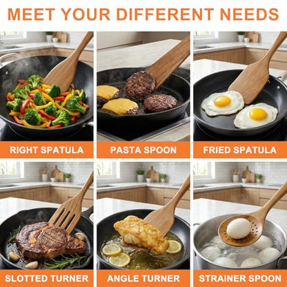 8 Pcs Best Acacia Wood Kitchen Utensil Set Wooden Spoons for Cooking Wok Turner Spatulas Bamboo Non Toxic Cooking Utensils Scraper Spurtle Kitchen Slotted Cooking Spoon Flat Egg Flipper Spatula Set - color: 8Pcs-Utensils