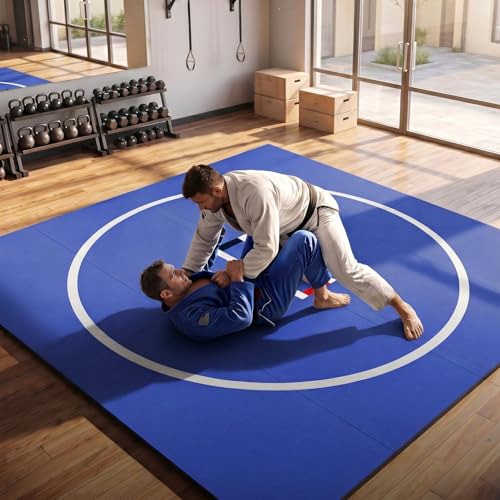 10' x 10' Wrestling Mat (118" x 118" x 1.18") Roll-Up Jiu Jitsu Mat for Home Gym, BJJ, MMA, Grappling, Judo & Martial Arts Training, Durable Non-Slip Folding Exercise Mat - color: Bule
