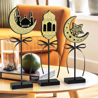 3 Pieces Ramadan Decorations Eid Mubarak Table Decor Wooden Set, Islamic Ramadan Tiered Tray Decor for Muslim Party Tabletop Decor Home (Shiny) - style: Ramadan Shiny
