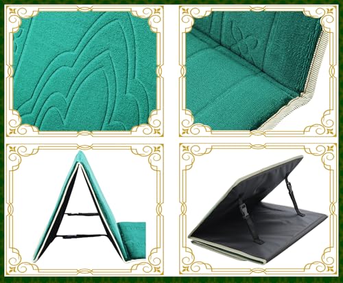 Foldable Muslim Prayer Mat with Back Rest Support, Thick Padded Islamic Prayer Rug, Travel Portable Carpet for Women Men, janamaz, Sajadah, Meditation Prayer Ramadan Eid Gift with Hat and 33 Beads - color: DARK GREEN