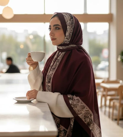 Hijab Modest and Elegant | Beautifully Designed Printed Chiffon Patterns | Muslim Women Head Scarf and Veil - color: Red D