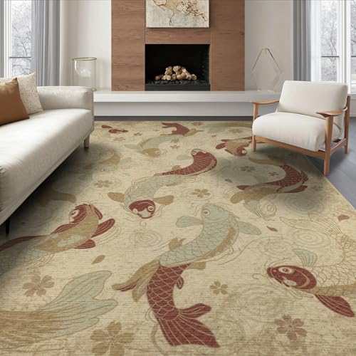 6'x9' Washable Japanese Koi Fish Area Rug, Beige Non-Shedding Pet Friendly Room Rug for Queen Size Bedroom, Under Bed, Master Suite, Foldable Easy Care Carpet | Ref:1885583 - color: Beige/Pattern 46, size: 6' x 9' (Rectangular)